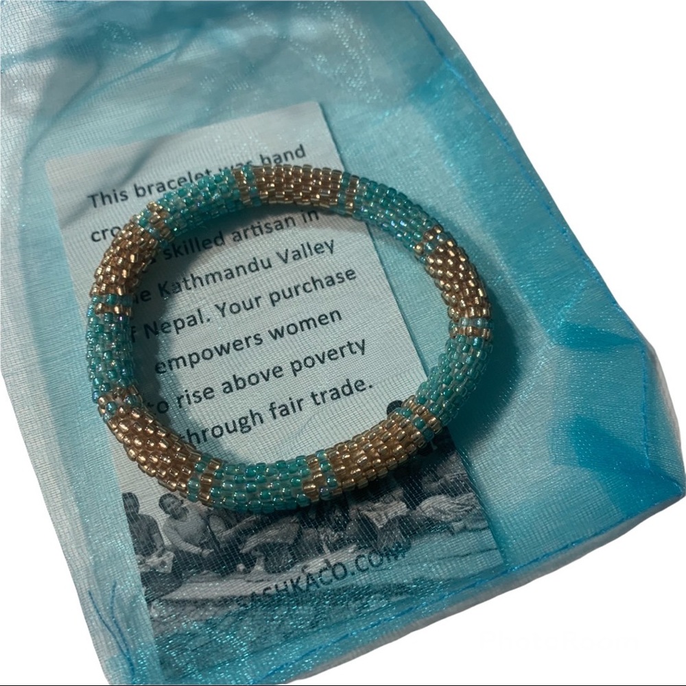 5 for 20 Sashkaco turquoise light blue & gold beaded bracelet